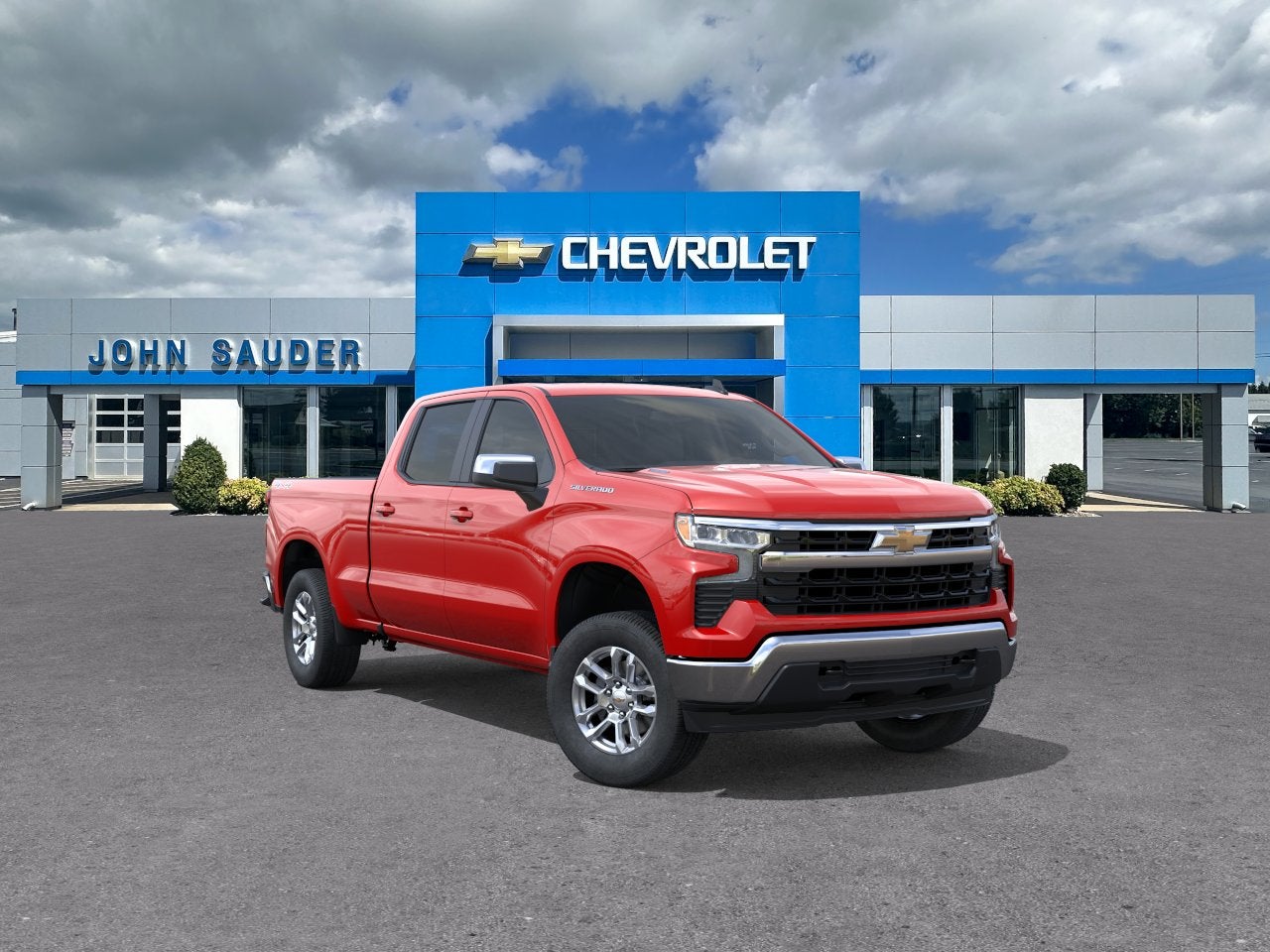 2026 Chevrolet Silverado 1500 LT in Red Hot — front three-quarter view